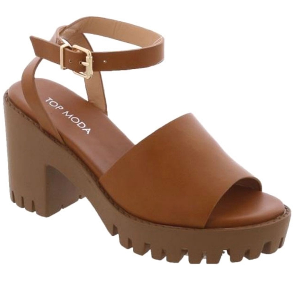 New Tan Platform Wide Band Chunky Heel Sandals
